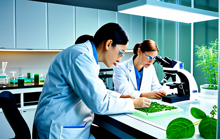 **

"A modern laboratory setting with scientists in lab coats examining plant cells under microscopes, fully clothed, appropriate content, safe for work, illustrating cell culture technology for cosmetic ingredients, bright lighting, professional laboratory equipment, perfect anatomy, correct proportions, professional, educational, high-resolution."

**