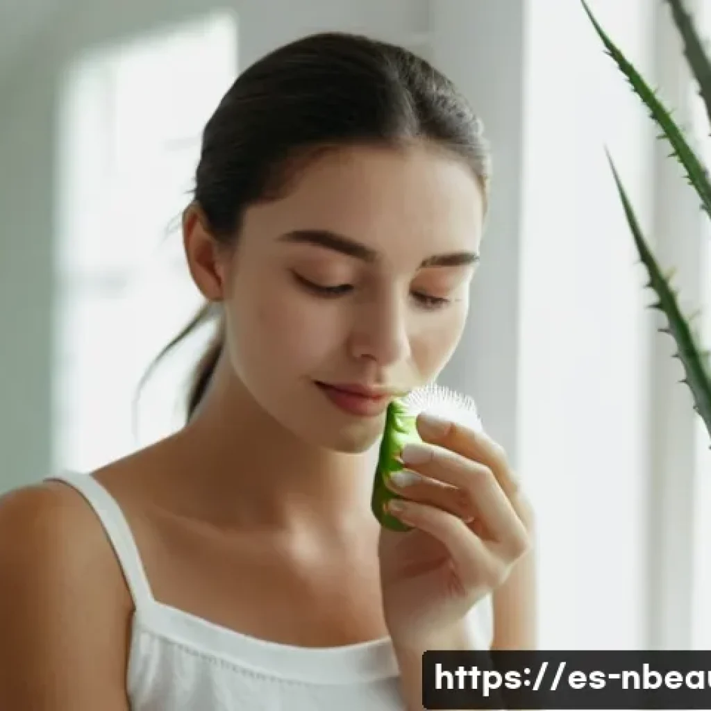 천연화장품 사용 후기 - A serene close-up portrait of a young Spanish woman with flawless, glowing skin, gently applying a n...