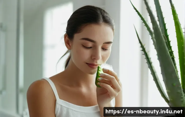 천연화장품 사용 후기 - A serene close-up portrait of a young Spanish woman with flawless, glowing skin, gently applying a n...