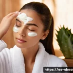천연화장품 오가닉 성분의 효능 - A serene spa scene featuring a young Hispanic woman with clear, glowing skin gently applying a light...
