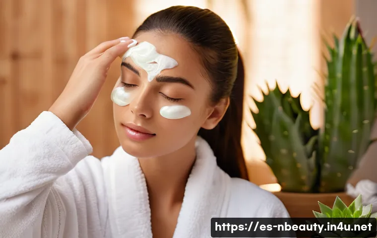 천연화장품 오가닉 성분의 효능 - A serene spa scene featuring a young Hispanic woman with clear, glowing skin gently applying a light...