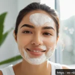 천연화장품 화장 지속력 - A detailed close-up of a young Latina woman with clear, glowing skin, demonstrating a skincare routi...