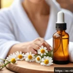 천연화장품 향료 사용법 - A serene spa setting featuring a light-skinned woman with sensitive skin gently applying natural cha...
