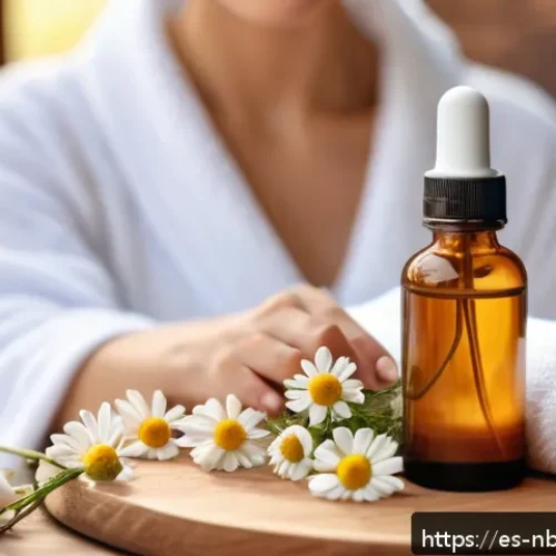 천연화장품 향료 사용법 - A serene spa setting featuring a light-skinned woman with sensitive skin gently applying natural cha...