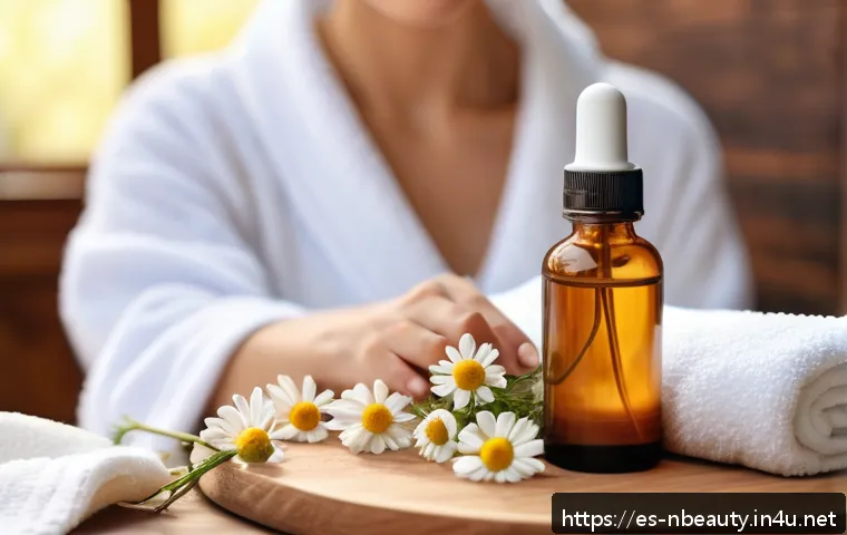 천연화장품 향료 사용법 - A serene spa setting featuring a light-skinned woman with sensitive skin gently applying natural cha...