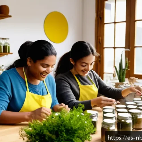 천연화장품 광고 마케팅 전략 - A warm, inviting scene of a small community workshop where diverse adults engage in a natural cosmet...