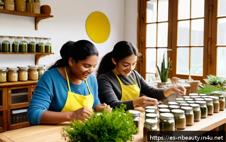 천연화장품 광고 마케팅 전략 - A warm, inviting scene of a small community workshop where diverse adults engage in a natural cosmet...